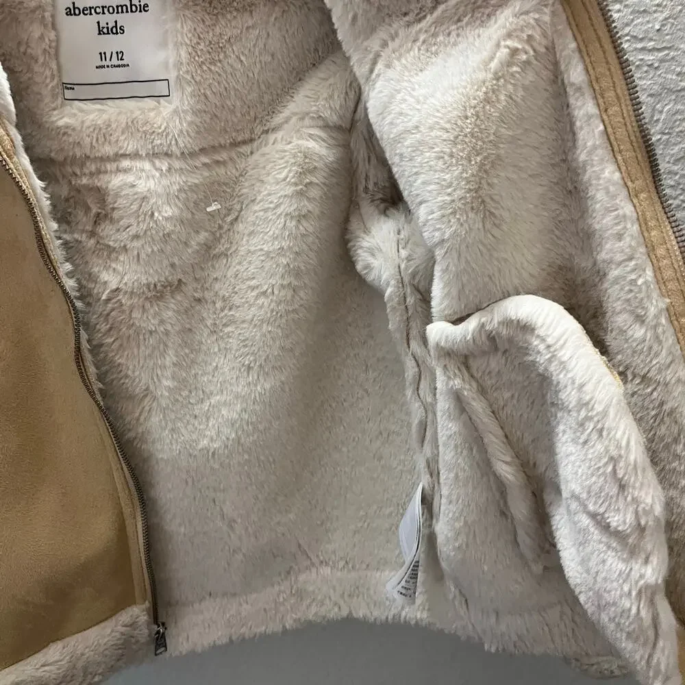 Abercrombie Kids Faux Shearling Aviator Jacket Tan Sherpa Lined 11/12 - Picture 6 of 8